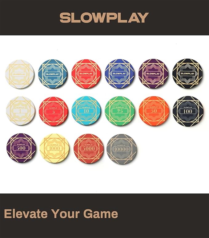SLOWPLAY Nash Ceramic Poker Chips in Bulk, Casino Grade Ceramic 12-Gram Poker Chip for Texas Hold'em, 43mm Professional Chips Pack of 50 with Denomination of 10