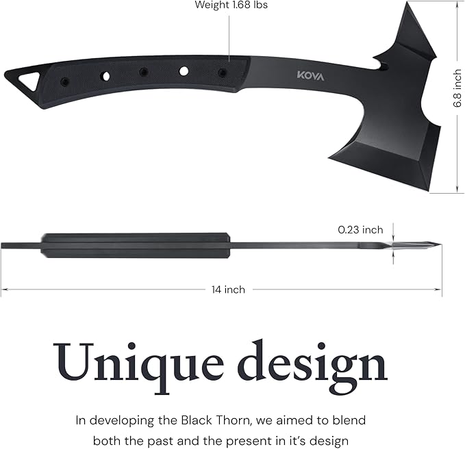 KOVA Black Thorn Hatchet - Stainless Steel, 14" Overall Length, 6.8" Blade, G10 Handle - Lightweight & Durable Axe, Ideal for Camping, Survival, and Outdoor Adventure