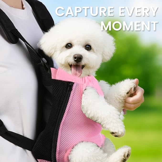 Dog Backpack Carrier, Thick Straps & Cushion, Pet Sling Front Backpacks for Small Medium Dogs 2.5-4 Lbs, Legs Out, Adjustable Wearable Puppy Chest Travel Bag, Easy-Fit for Hiking/Walking/Camping