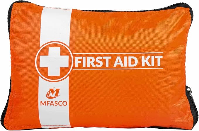 MFASCO First Aid Kit for Home, RV, Automotive - Compact Orange Pouch with Organizers for Small Travel, Backpacking, Cars, Motorcycle, Basic Supplies, Measures 8 x 5 3/4 x 1 1/4 inches, 70 Pieces