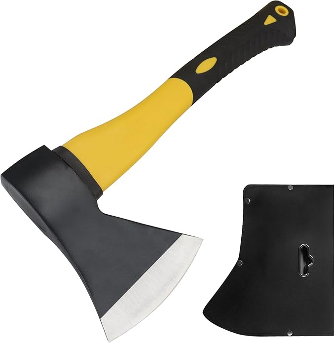 Wood Axe With Sheath - Camping Hatchet for Chopping and Splitting, Outdoor Bushcraft Tool for Hiking, Gardening, Throwing - Anti-Slip Handle (Yellow)