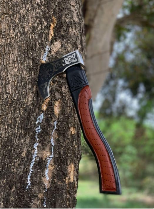 Qepaa Crafts® Custom Gift Forged Carbon Steel Viking Axe Bearded Axe with Rose Wood Shaft Tomahawk - Real Hatchet, Best Gift for Anniversary, Valentine's Day, Birthday, Premium Leather Sheath (Sm Asg)