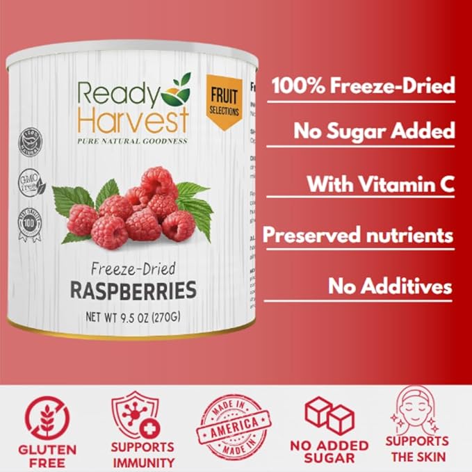 Ready Harvest Freeze Dried Raspberries Whole Foods for Emergency Food Storage, Camping Supplies, and Survival Kits | Sealed Fresh in #10 Can | 30 Year Shelf Life | 6 Cans