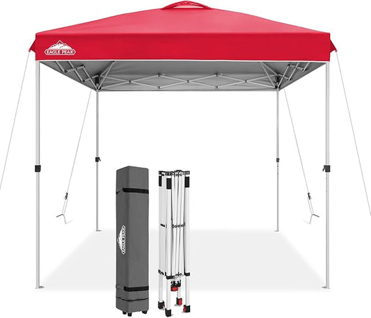 EAGLE PEAK Pop Up Canopy Tent with Wheeled Carry Bag, 8 Stakes, 4 Ropes, Easy Set Up Tent Canopy, 8x8 ft, Red