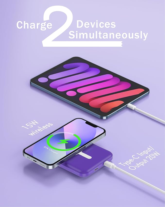 podoru for Magsafe Battery Pack, 5000mAh Magnetic Power Bank with Type-C Cable 20W PD Fast Charging Lighting Input Wireless Portable Charger for iPhone 17/16/15/14/13/12/ All Series-Demon Purple