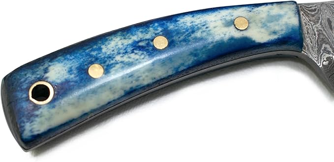 Titan International Knives 7.2" Damascus Hunting Skinning Knife | Handmade Fixed Blade 1095 4340 Carbon Mix Hand Pounded | Blue Dyed Bone Handle with Leather Sheath Perfect for Camping