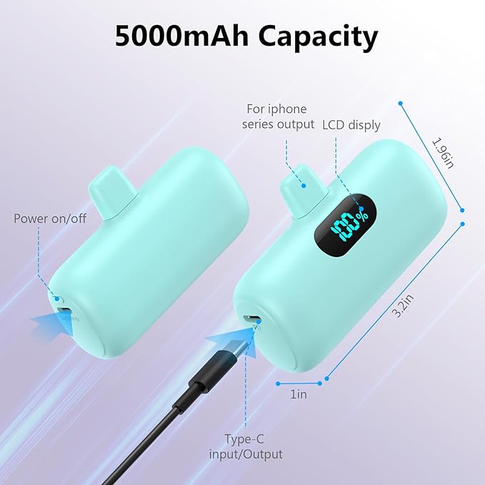 Mini Portable Charger for iPhone,5000mAh PD Fast Charging Battery Pack,LCD Display Cute Power Bank Portable Phone Charger for iPhone 14/14 Pro Max/13/13 Pro/12 Pro/11/XS/XR/X/8/7/6 (Green)