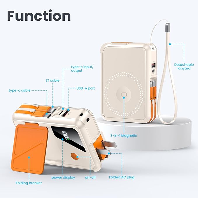 Wireless Portable Charger,5-in-1 Magnetic Power Bank 10000mAh Built in Cables and AC Plug,22.5W Fast Charging Magnetic Battery Pack,Compatible with iPhone 16/15/14/13/12,Apple Watch Series,Airpods