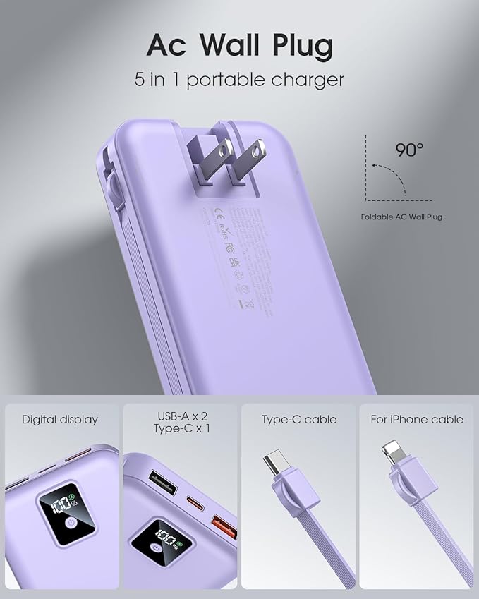 Portable Charger Built-in Cables and AC Wall Plug, 12000mAh power Bank, USB C 22.5W Fast charging Phone Charger ,Compact Lightweight External Battery Pack for iPhones, iPad, Samsung,Tablets, etc.