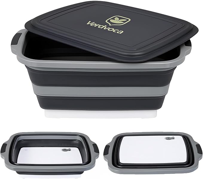 Collapsible BBQ Prep Tubs with Lids, Grill Cutting Board, Camping Sink with Drainage Hole for Meal Prep, Fruit Wash and Food Storage, Marinating Container, 16L Black Tub 20"