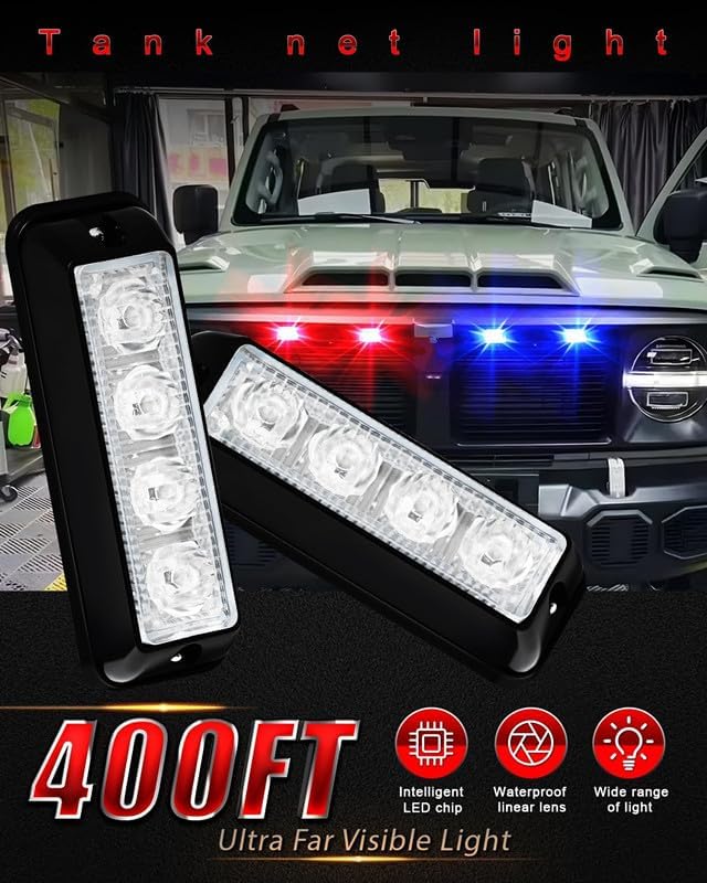 YM E-Bright 2-Pack Red Blue Dual Colors 4 LED Car Flash Light DRL Truck Warning Caution Emergency Construction Strobe Light DC 12V-24V