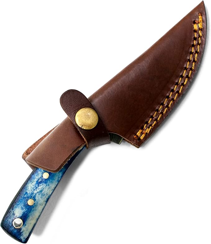 Titan International Knives 7.2" Damascus Hunting Skinning Knife | Handmade Fixed Blade 1095 4340 Carbon Mix Hand Pounded | Blue Dyed Bone Handle with Leather Sheath Perfect for Camping