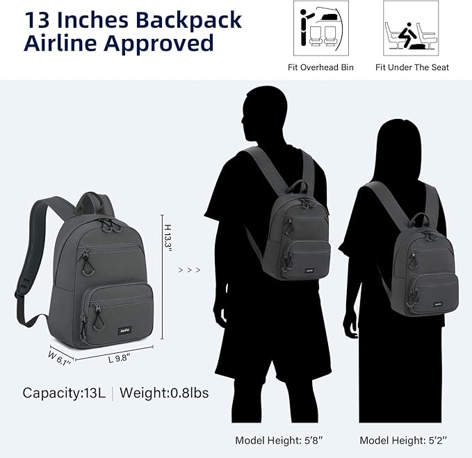 Carry On Travel Backpack For Men Women, 13 Inch Small Mini Work Bag Personal Item Backpacks, Camping Back Pack Lightweight Hiking Daypack For Office Nurse Commuter (Dark Gray)