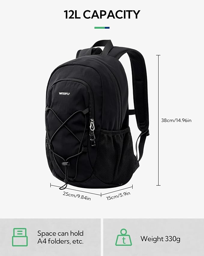 WATERFLY 12L Small Hiking Backpack: Day Pack Lightweight Travel Bag Camping Fitness Cycling Outdoor Sports Daypack For Women Men Teenager