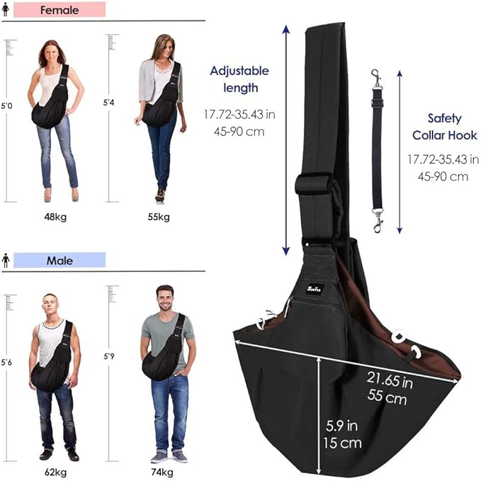 SlowTon Dog Carrier Sling - Thick Padded Shoulder Strap Adjustable Dog Carriers for Small Dogs, Puppy Carrier Purse for Pet Cat with Front Zipper Pocket Safety Belt Machine Washable Waterproof Black L