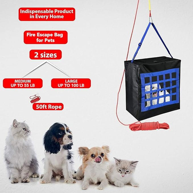 ISOP Fire Evacuation Device for Pets up to 55 Pounds - Compact Safety Equipment - Rope 50 Feet Incl. - Emergency Survival Kit for Animals (Medium 19"x18"x10") Pet Rescue Bag for Dogs & Cats