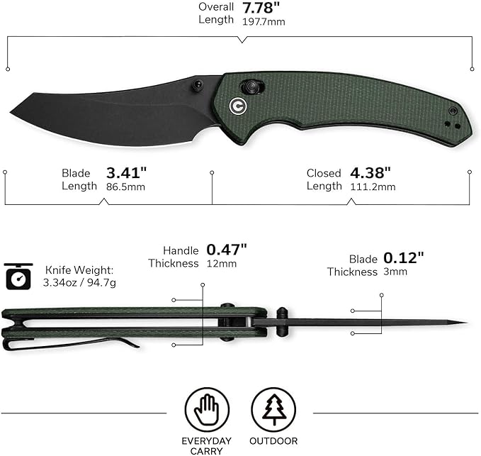 CIVIVI Sixgill Folding Pocket Knife for EDC, 3.41'' Nitro-V Blade Micarta Handle, Deep Carry Reversible Clip, Gift for Men Women C24050-3 (Green)