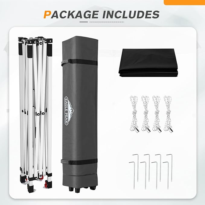 EAGLE PEAK Pop Up Canopy Tent with Wheeled Carry Bag, 8 Stakes, 4 Ropes, Easy Set Up Tent Canopy, 6.6x6.6 ft, Black