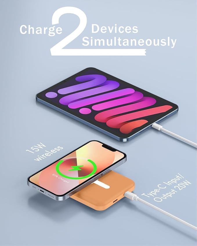 podoru for Magnetic Battery Pack, 5000mAh Magnetic Power Bank with Type-C Cable 20W PD Fast Charging Lighting Input Wireless Portable Charger for iPhone 17/16/15/14/13/12/ All Series-Orange