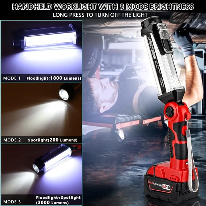Cordless LED Work Light Compatible with Milwaukee 18v Battery, Hiesuan 35W 2000LM Outdoor Flashlight Portable Camping Lanterns with Hook, 90°Rotatable for Car Repairing, Job Site Lighting, Emergency