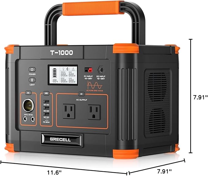 Portable Power Station 1000W, GRECELL 999Wh Solar Powered Generator with 110V AC Outlet, PD 60W Fast Charging Backup Lithium Battery Pack Power Supply for Outdoor Home Camping Travel Emergency RV Van
