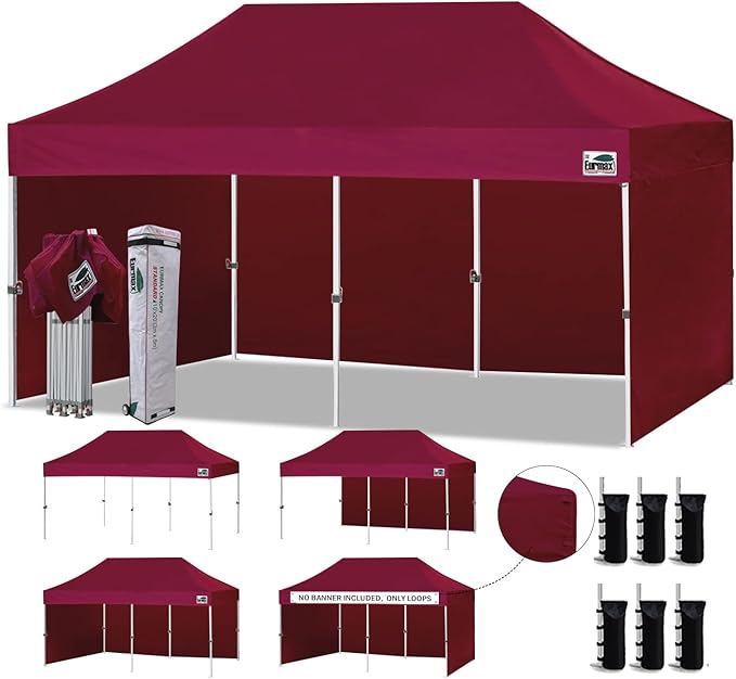 Eurmax USA 10'x20' Pop-up Canopy Tent Commercial Instant Canopies with 4 Removable Zipper End Side Walls and Roller Bag, Bonus 6 SandBags(Burgundy)