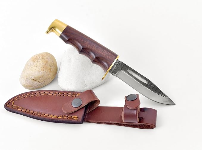 Titan International Knives Titan Intl Knives Skinning Knife | Carbon Steel knives for men | Rosewood Handle with Brass Hilt & Pommel | Fixed Blade Hunting Knife | Belt Knife with Sheath