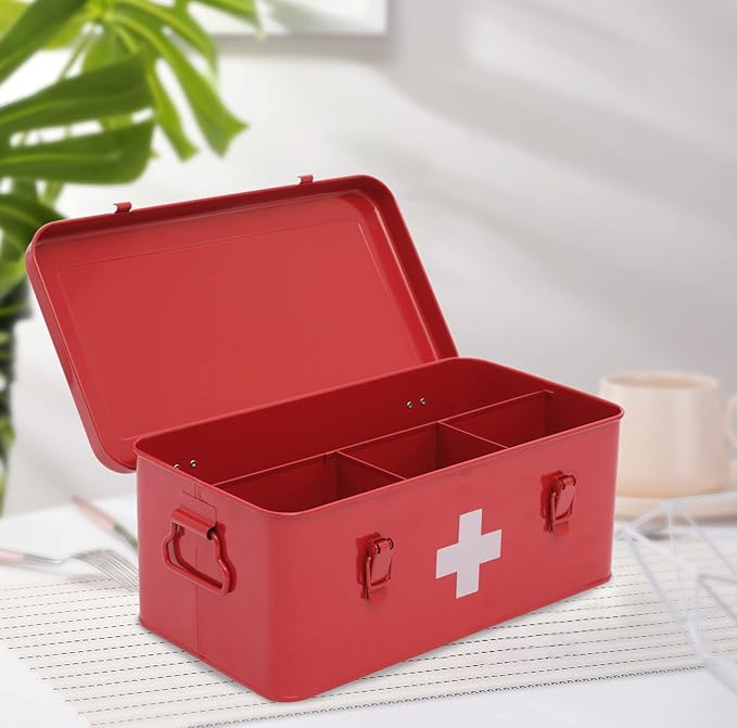 First Aid Medicine Box, First Aid Kit Supplies Bin, Metal Medicine Storage Tin, First Aid Empty Box with Safety Lock for Home Emergency Tool Set-Red