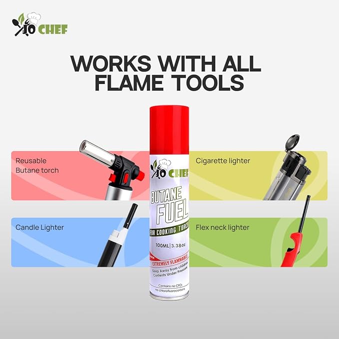 Jo Chef Butane Refill, Butane Torch Fuel Refill, Gas Lighter Fluid Refill Canister, Kitchen Blow Torch Fluid – Universal Tip – 2 Cans (3.38oz)