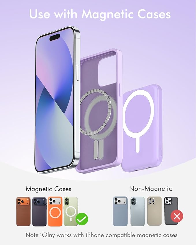 podoru for Magsafe Battery Pack, 5000mAh Magnetic Power Bank with Type-C Cable 20W PD Fast Charging Lighting Input Wireless Portable Charger for iPhone iPhone 17/16/15/14/13/12/ All Series-Purple