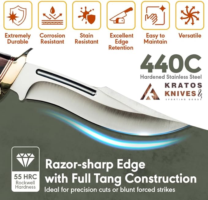 Hunting Knife Full Tang with Sheath, 13.25" Fixed Blade Knife with 440 Stainless Steel Wood Handle for Hunting, Leather Sheath Included by Kratos ZF9