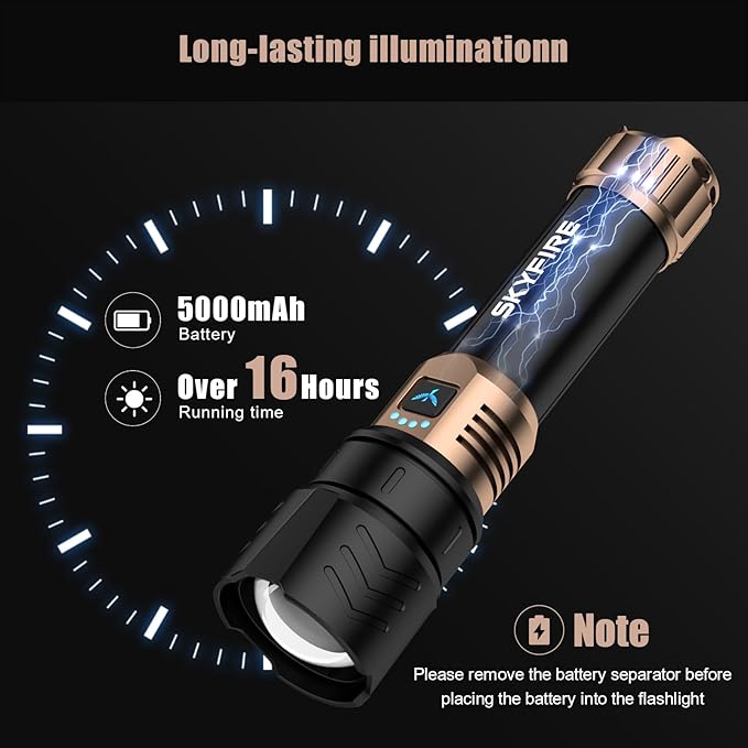 SKYFIRE LED Flashlight High Lumens,2000lm Super Bright Rechargeable Flashlight,Zoomable,Four Modes,Powerbank Waterproof Tactical Flash Light for Camping Essentials,Outdoor & Home Emergencies-No Lens