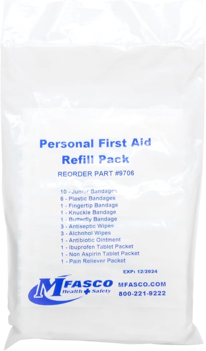 MFASCO First Aid Fill Kit Refill Pack - Hurt Ease Meds, 29pc First Aid Supplies - Travel or Personal Kits, Essential Medical Items, Compact Size, Emergency Refill, 4 X 3 X 0.5 inches