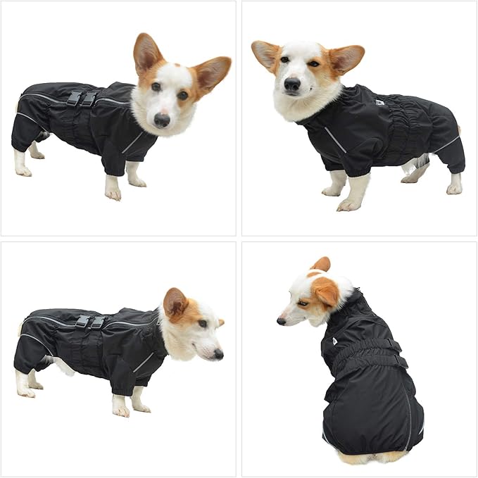 Dogs Waterproof Jacket, Lightweight Waterproof Jacket Reflective Safety Dog Raincoat Windproof Snow-Proof Dog Vest for Corgis Dachshund Small Medium Large Dogs Black D-L