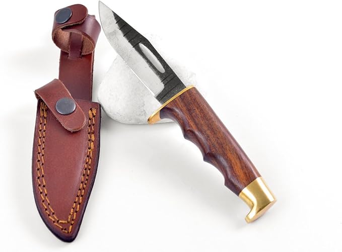 Titan International Knives Titan Intl Knives Skinning Knife | Carbon Steel knives for men | Rosewood Handle with Brass Hilt & Pommel | Fixed Blade Hunting Knife | Belt Knife with Sheath