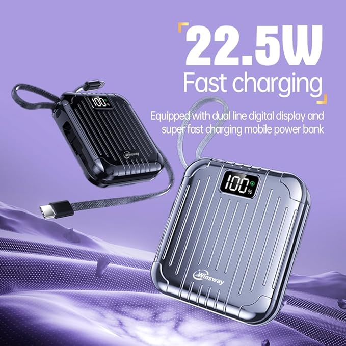 10000mAh Slim Power Bank with Built-in Cables, 22.5W Fast Charging, 4 Outputs 2 Inputs, 3A Portable Charger for Samsung Google Pixel LG Moto iPhone iPad