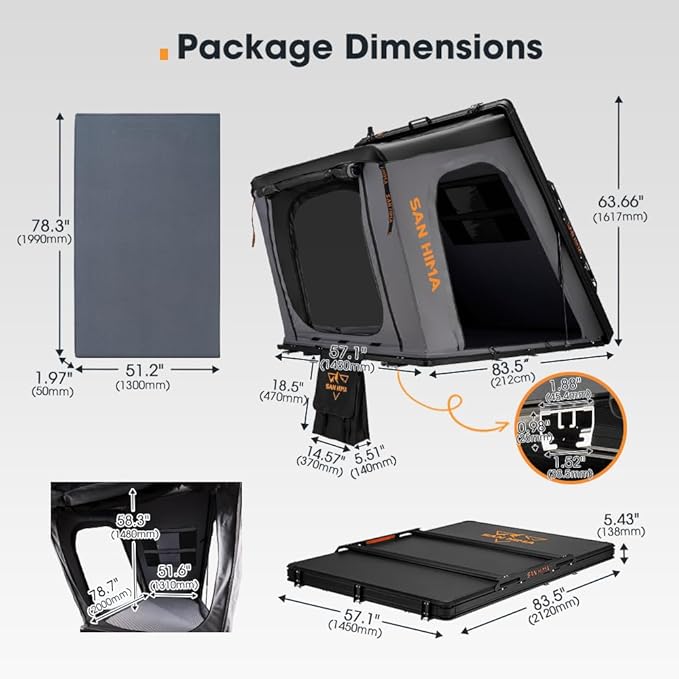 Sanhima Rooftop Tent Hard Shell - Hotham Overland Aluminium Roof Top Tent w/Larger Space, LED Strip Light & Skyview Window, 2” Thick Mattress, for Car SUV Truck Camping, 2-3 People Tent