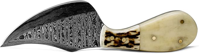 Titan International Knives Damascus EDC Skinning Fixed Blade Knife | Handmade 1095 4340 Carbon Mix Hand Pounded | Stag Horn & Camel Bone Grip for Hunting with Sheath
