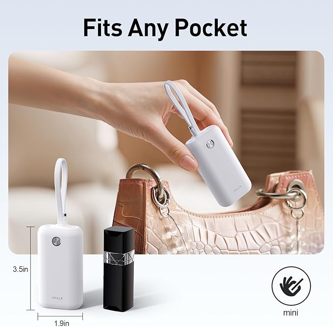 iWALK Mini Portable Charger 10,000mAh, 22.5W USB-C Fast Charging Power Bank with Built-in Cable, Travel Essential Ultra-Small Battery Pack Compatible for iPhone 17/16/16 Pro/15, Samsung, Google, White