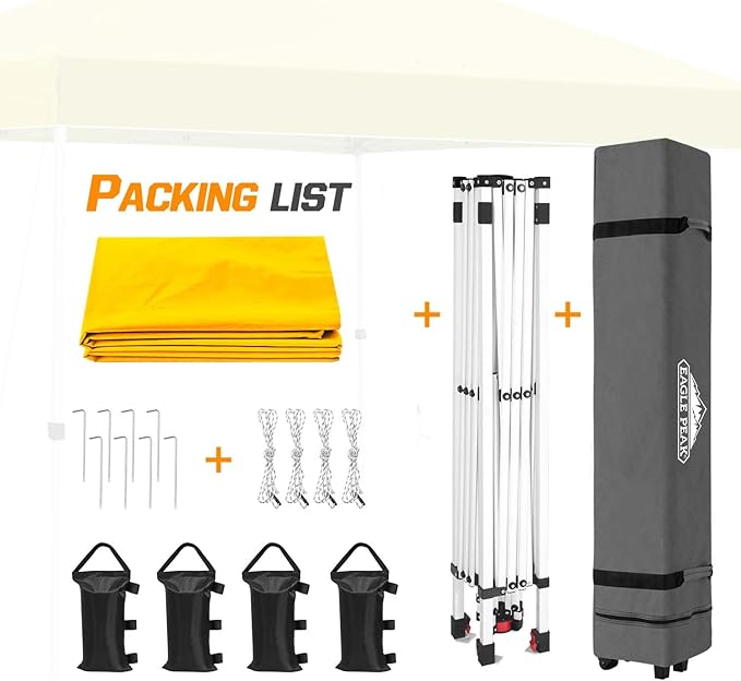 EAGLE PEAK Pop Up Canopy Tent with Wheeled Carry Bag, 8 Stakes, 4 Ropes, 4 Weight Bags, Easy Set Up Tent Canopy, 10x10 ft, 100sqft of Shade, Yellow