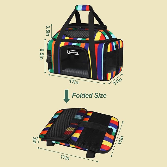 17x11x9.5 Inches Top-Expandable Pet Carrier Alaska Airline Approved, Soft Sided Carrier for Small Dog, Cat with 5-Sides Mesh Windows and Locking Safety Zippers(Rainbow)