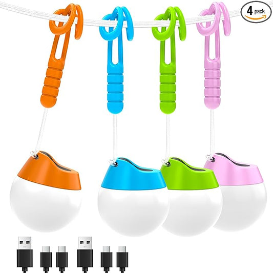 LETMY Rechargeable Camping Lights, 4 Pack Portable Tent lights With 4 Lighting Modes, 150LM LED Camping Lantern Waterproof, Only 20g Hanging Tent Lantern for Hiking Backpacking Power Outages Emergency