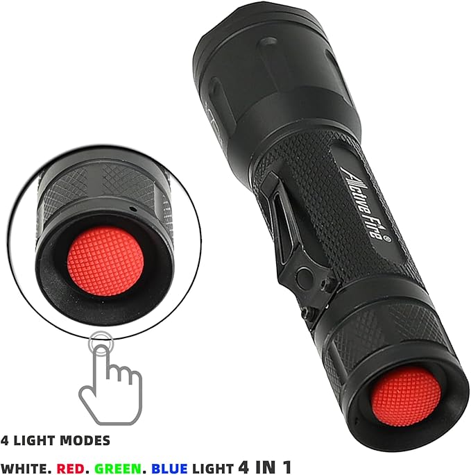 4 in 1 Multicolor Tactical Flashlight, Can Zoom White Blue Green Red Light, RGB Waterproof Handheld Torch with Clip, Suitable for Night Hunting Light, Fishing, Camping Hiking