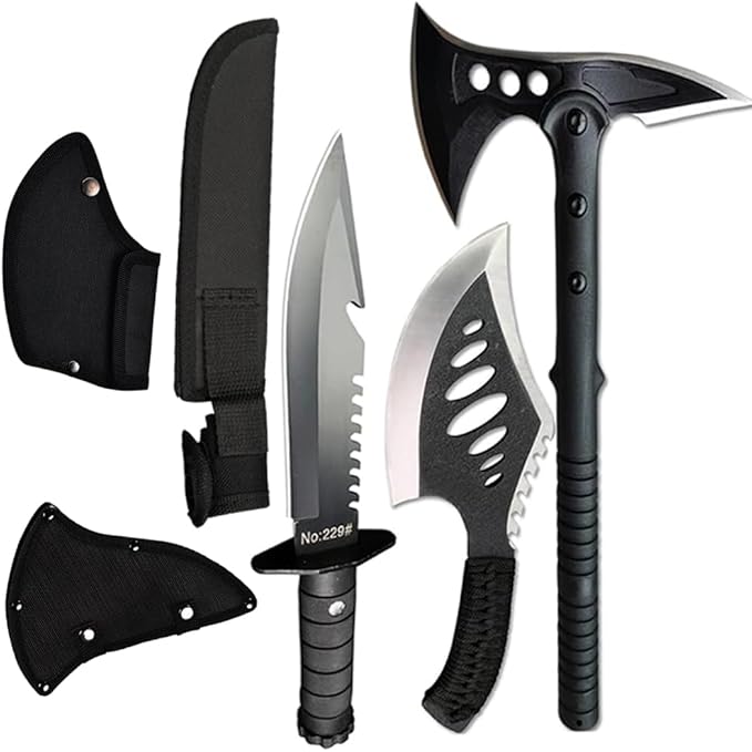 DOOM BLADE Camping Hatchet Axe with Nylon Sheath,Tomahawk Viking Forged High Carbon Steel,Portable Camping Axe for Outdoor Splitting Wood,Hunting (Double-Bit Axe + Hatchet + Fixed Blade Knife)