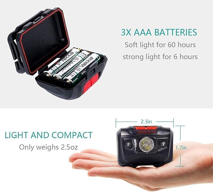 Vekkia Ultra Bright LED Headlamp Flashlight (2 Pack), White and Red Light Headlight with Adjustable Headband, IPX6 Waterproof Head Lamp for Outdoors,Camping,Running,Cycling,Hiking. Batteries Included