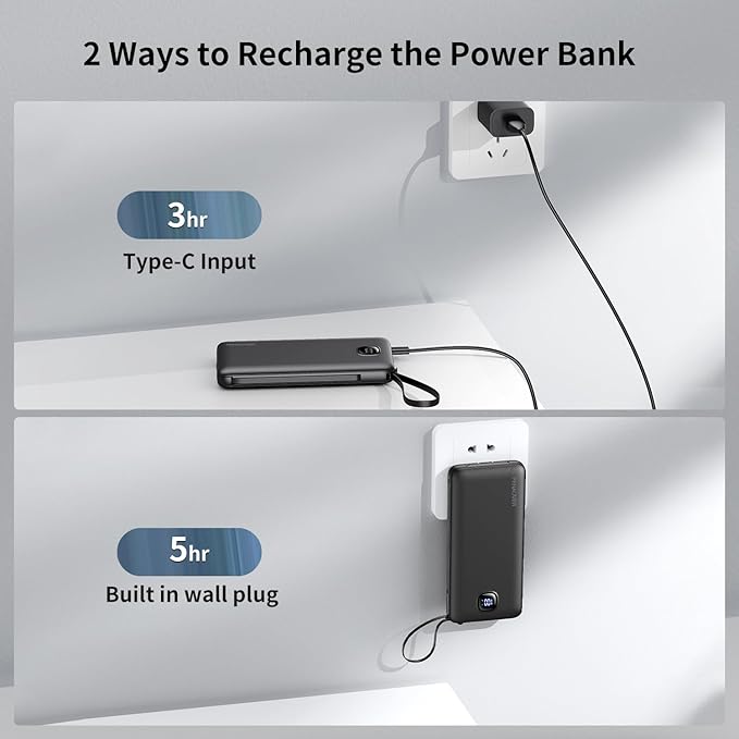 Portable Charger with Built-in Cables&AC Wall Plug,Slim 10000mAh 22.5W Fast Charging Power Bank,5 Output 2 Input USB-C External Battery Pack Compatible with iPhones,Samsung,Android, etc