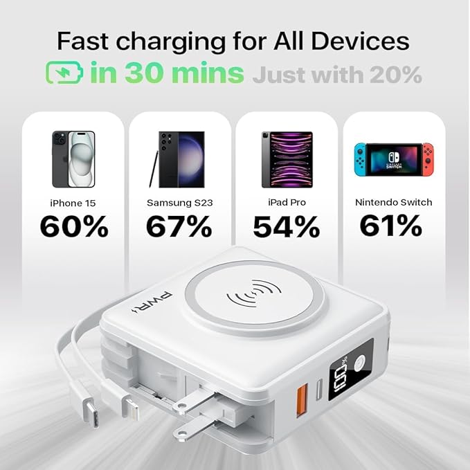 PWR Travel PRO 5-in-1 Power Bank with Case Included ??10,000mAh with Built-in Cables ??20W USB-C + 15W Wireless Charging ??Compact Portable Charger for iPhone & Android - White