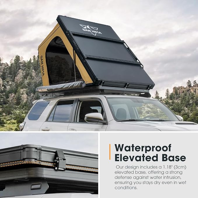Sanhima Rooftop Tent Hard Shell - Hotham Overland Aluminium Roof Top Tent w/Larger Space, LED Strip Light & Skyview Window, 2” Thick Mattress, for Car SUV Truck Camping, 2-3 People Tent