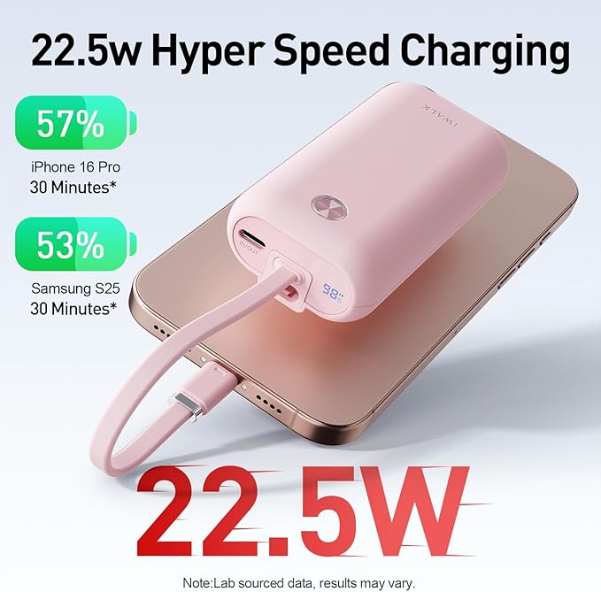 iWALK Mini Portable Charger 10,000mAh, 22.5W USB-C Fast Charging Power Bank with Built-in Cable, Travel Essential Ultra-Small Battery Pack Compatible for iPhone 17/16/16 Pro/15, Samsung, Google, Pink