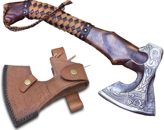 Forest Hunting | Custom Handmade Viking Medieval Axe,Real Battle ax,Camping Axes Tomahawk,Bearded War Hatchet,Valhalla Axe with Leather Sheath Wood Handle Gifts for Men self Defence (Leather Wrap)
